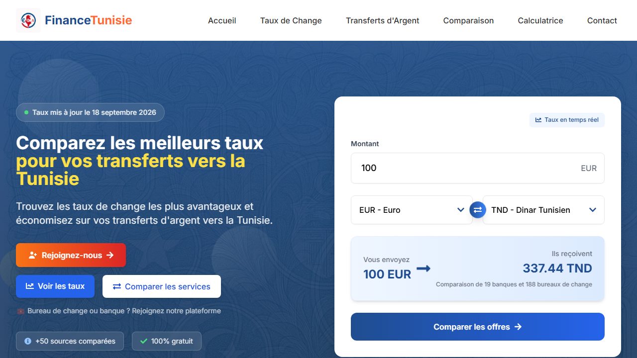 Tauxdechange.tn exchange-rate comparison home page